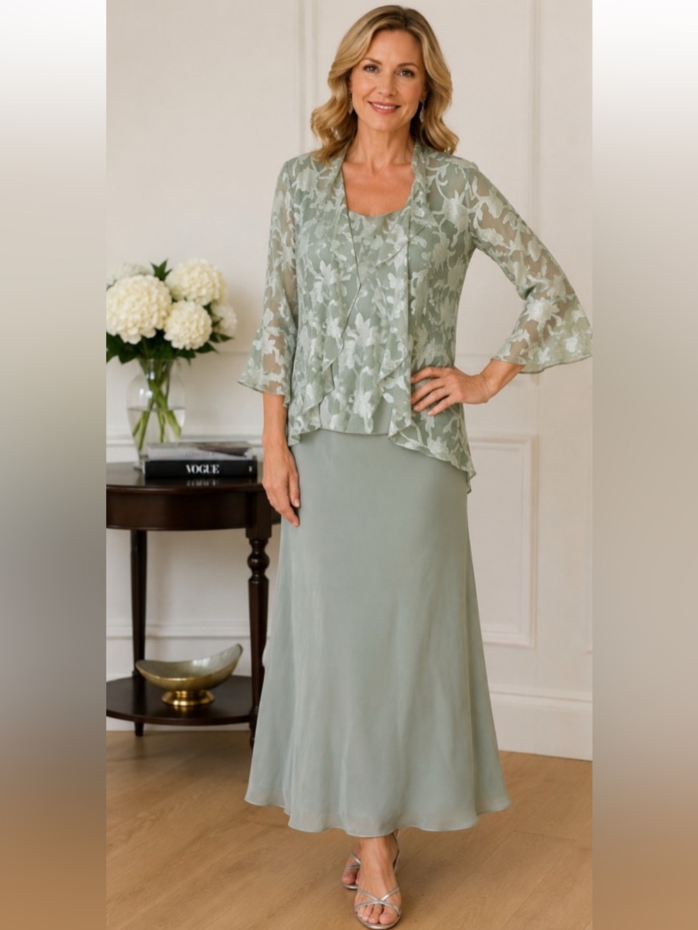 NWT 3 Piece Alex Evenings skirt, blouse and jacket set in a lovely sage green